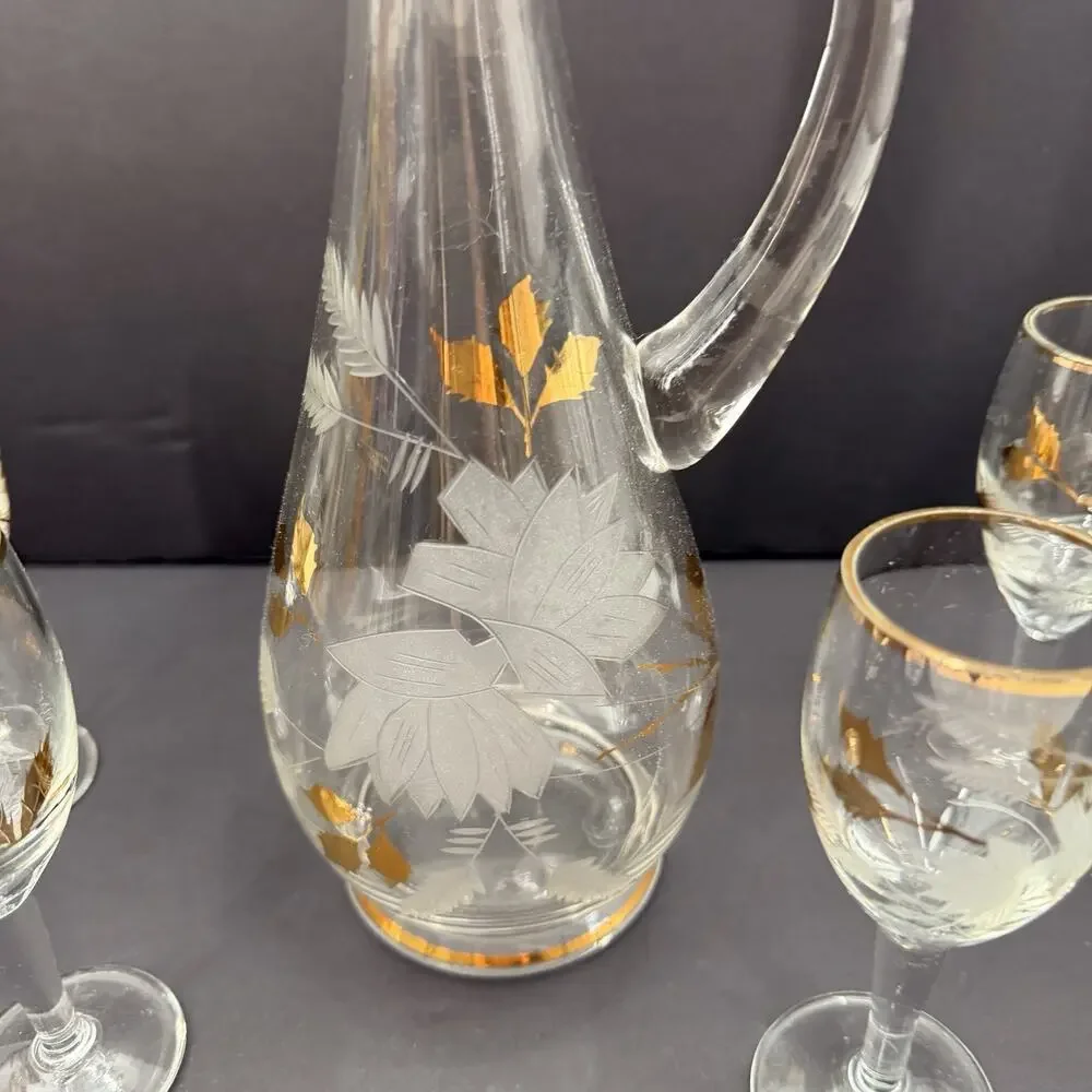 Vintage Barware Rumania Romania Gold Trim Crystal Decanter & 4 Wine Glasses